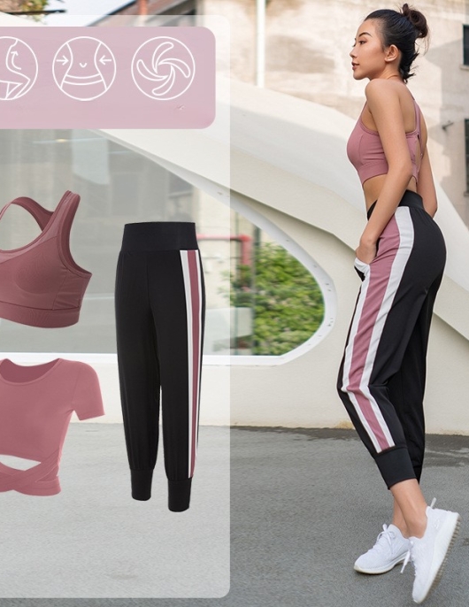 Yoga clothing set female exposed navel shirt, high waist, thin hip pants fitness pants, female sports three -piece set