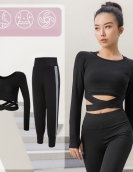 Yoga clothing set female exposed navel shirt, high waist, thin hip pants fitness pants, female sports three -piece set