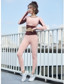 Autumn and winter contrasting navel yoga clothing female fast dry chest pad long -sleeved peach pants two -piece set