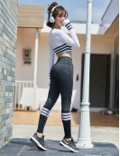 Autumn and winter stripes contrasting yoga clothing women's fast -drying sports long -sleeved peach lifting pants two -piece set