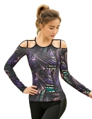 Sports shirt female yoga off -the -shoulder top female air -breathable dried leaf leaf printing long sleeves with chest pads fitness jacket