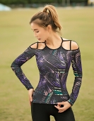 Sports shirt female yoga off -the -shoulder top female air -breathable dried leaf leaf printing long sleeves with chest pads fitness jacket