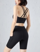 Spring and summer yoga sports set Female cross -shoulder strap sports chest pocket penta pants two -piece set