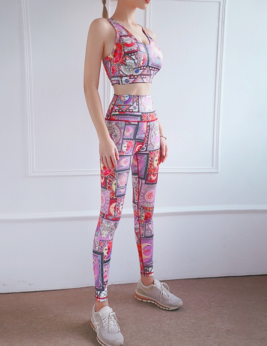 Printed color yoga suit Sports, fitness, fast dry, breathable high -waisted hip -hip yoga clothing two pieces