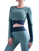 Yoga clothing female spring and summer cross -shoulder strap yoga long -sleeved sports fitness navel top contains chest pads