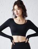 Autumn and winter sexy exposure of umbilical yoga fitness top female skin naked sensation long sleeves with chest pads