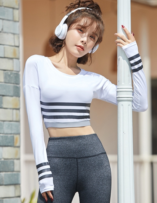 Spring and summer stripes, contrasting sports yoga top women, dry, dry, slim -fitting navel sports shirt