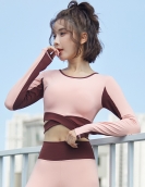 Spring and summer contrasting colors leaky navel yoga top female fast dry high bomb belt chest pad sports long sleeves