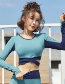 Spring and summer contrasting colors leaky navel yoga top female fast dry high bomb belt chest pad sports long sleeves