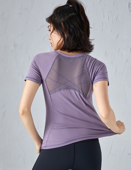 Spring and summer nude fabric yoga shirt, female back sexy net gauze stitching sports top short -sleeved yoga clothing