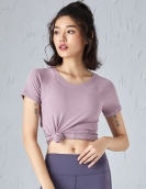 Spring and summer nude fabric yoga shirt, female back sexy net gauze stitching sports top short -sleeved yoga clothing