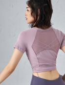 Spring and summer nude fabric yoga shirt, female back sexy net gauze stitching sports top short -sleeved yoga clothing