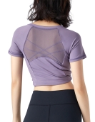 Spring and summer nude fabric yoga shirt, female back sexy net gauze stitching sports top short -sleeved yoga clothing