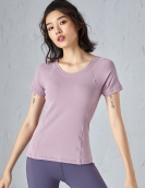 Spring and summer nude fabric yoga shirt, female back sexy net gauze stitching sports top short -sleeved yoga clothing