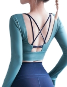 Spring and summer hollow beauty backbuilding chest pad yoga shirt sexy revealing belly button shockproof exercise fitness short top