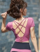 Spring and summer sexy cross -beautiful back sports, fitness yoga female speed dry chest pad sports short sleeves