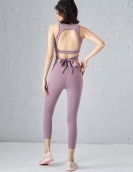 Spring and summer fitness yoga suit female back tie tie top top high waist tight elastic lifting pants two -piece set