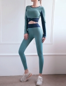 Spring and summer contrasting yoga set women's fast -drying chest pad long sleeve top high waist peach fitness pants two pieces