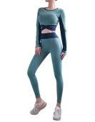 Spring and summer contrasting yoga set women's fast -drying chest pad long sleeve top high waist peach fitness pants two pieces