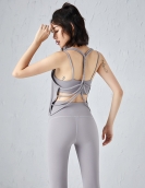 Spring and summer beauty, hollow peach, hip hip, high waist naked bodybuilding pants, sports yoga three -piece set