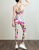 Spring and summer digital printing yoga clothing sexy cross -chest high -waisted peach pants yoga two -piece set