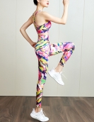 Spring and summer digital printing yoga clothing sexy cross -chest high -waisted peach pants yoga two -piece set