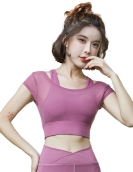 Spring and summer fashion mesh splicing sports fitness yoga service short -sleeved female fake two pieces with chest pad sports bra