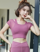 Spring and summer fashion mesh splicing sports fitness yoga service short -sleeved female fake two pieces with chest pad sports bra